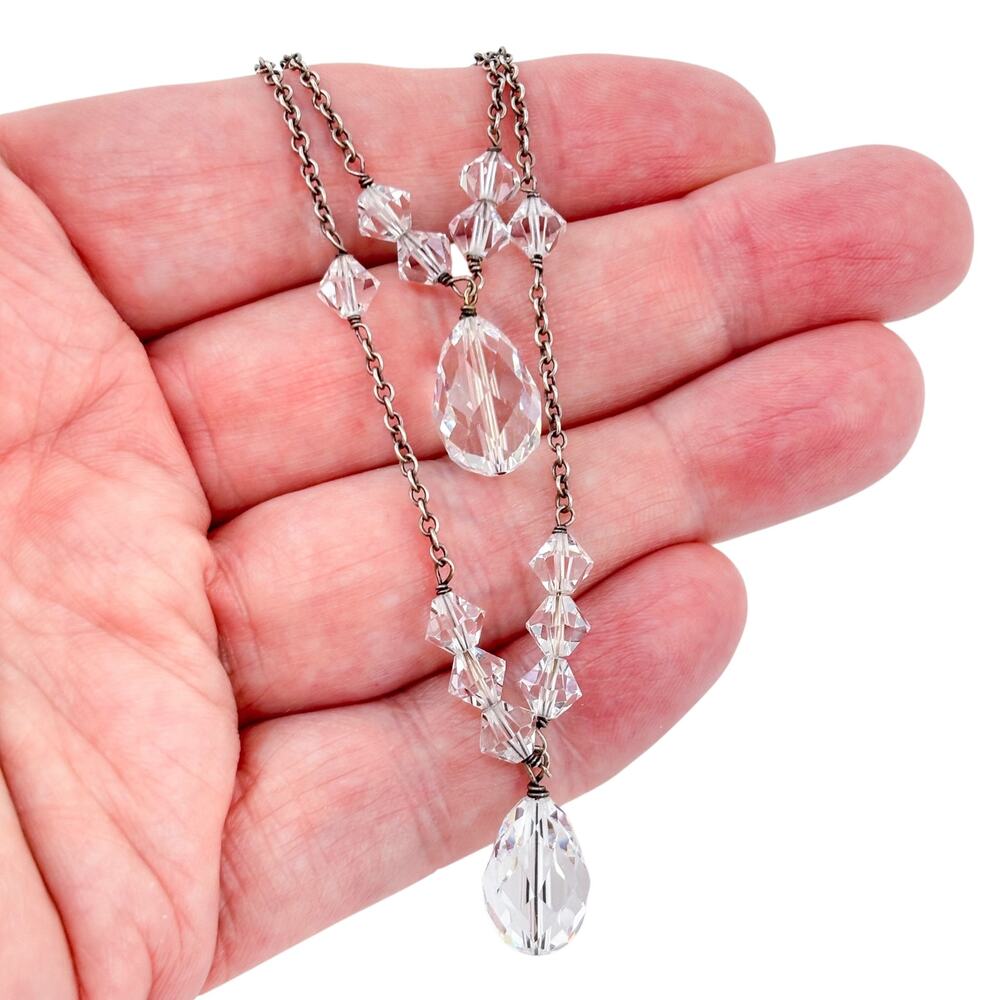 Vintage Sterling Silver 925  Double Drop Crystal Necklace | 15.5”